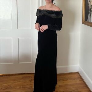 Vintage Fur/Velvet Elegant Black Off-Shoulder Dress